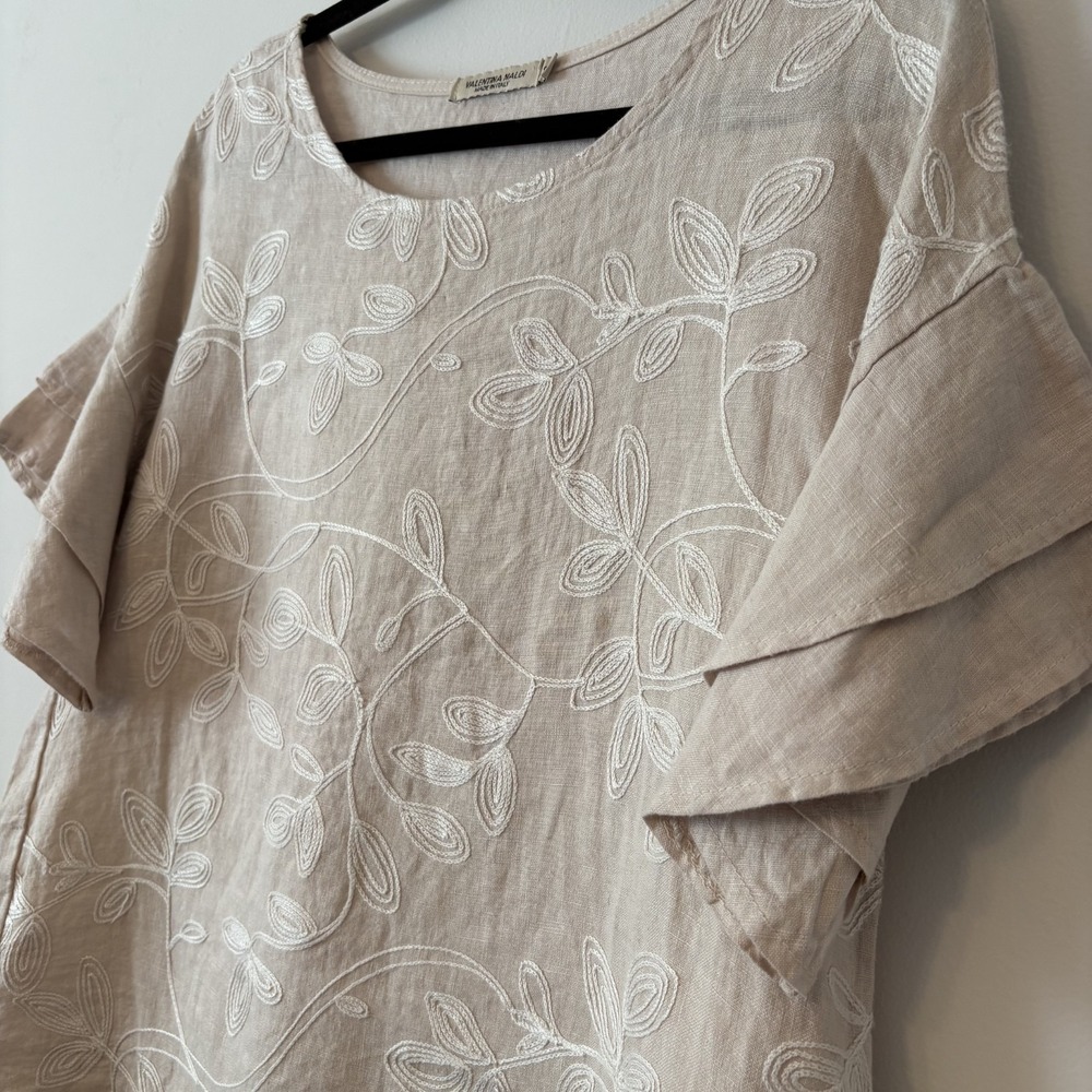100% Linen Floral Embroidered Flutter Sleeve Top Beige S Lagenlook Artsy Coastal - Picture 5 of 9
